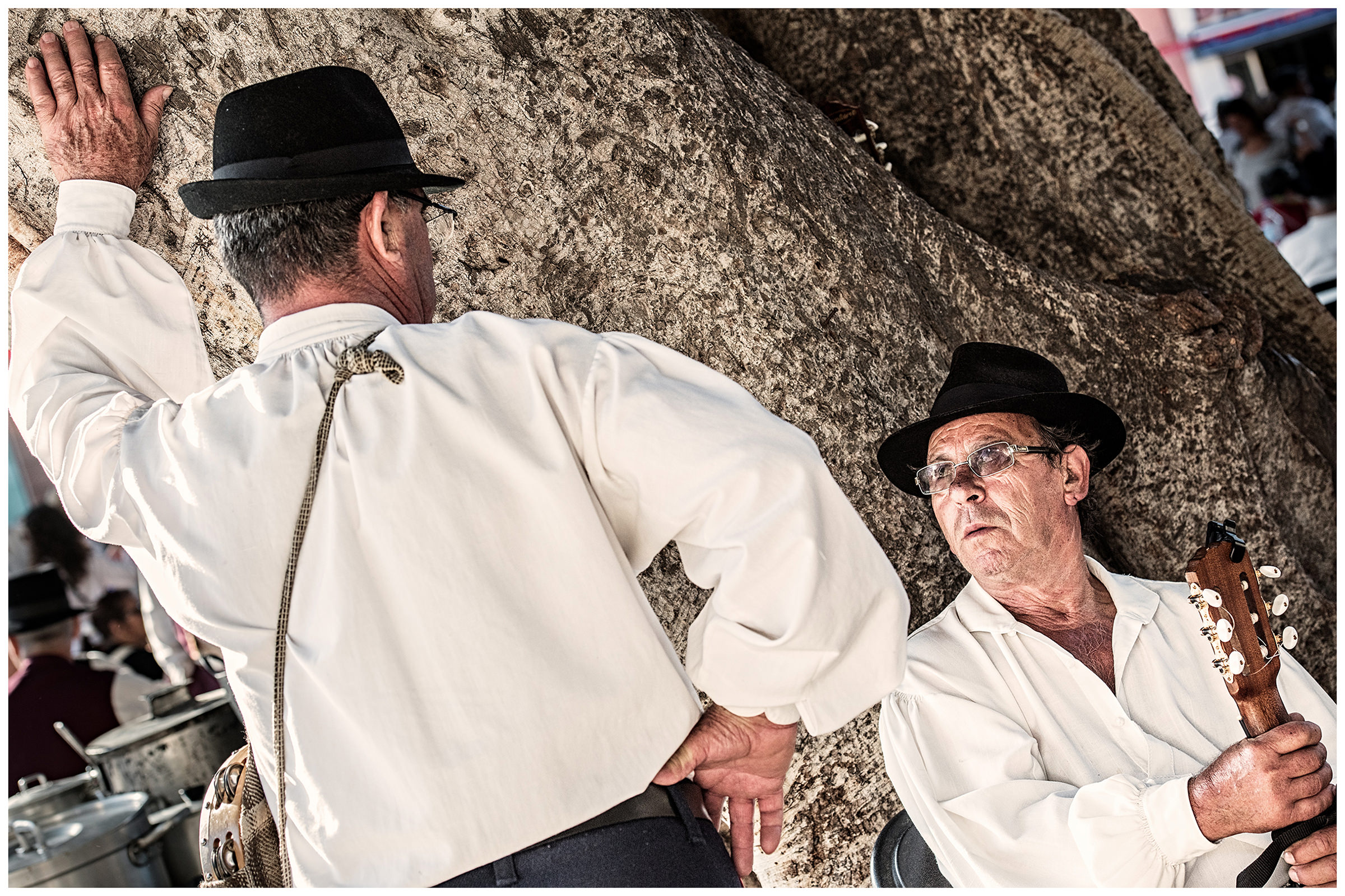 San Sebastian de la Gomera, La Gomera, Canary Islands, Spain. The inhabitants of the city of San Sebastian de la Gomera celebrate the city festival Romeria. Two men talk under an old tree.