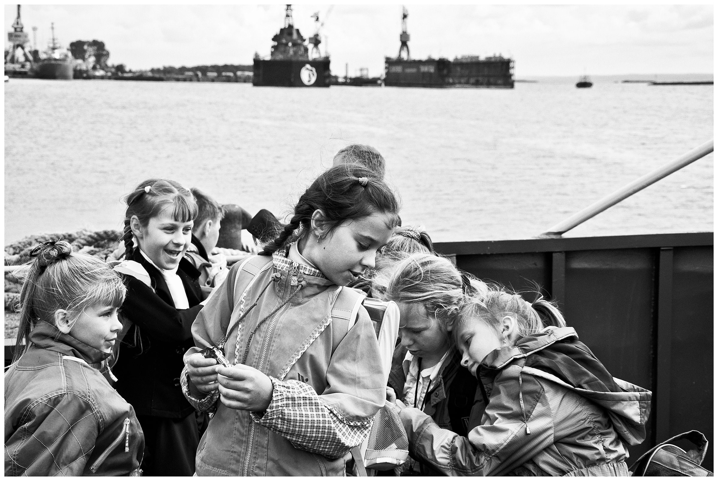 Kaliningrad, Russia. Schoolgirls are on board a ferry in Baltiysk.