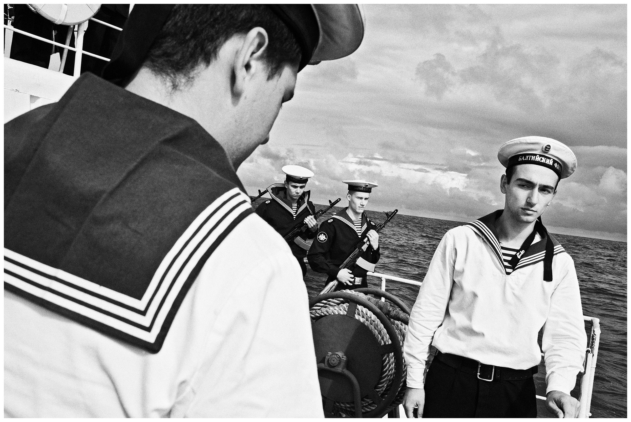 Kaliningrad, Russia. Sailors stand on the board of a warship.