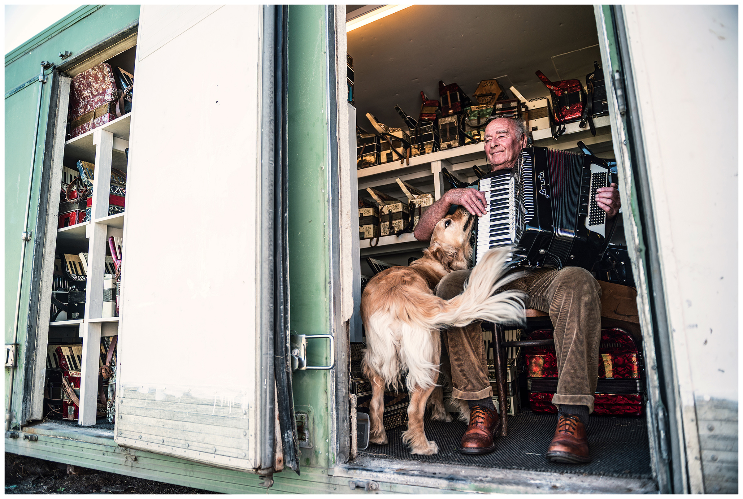 Scotland, Usan Montrose. A man, the owner of "Schottish Wild Salmon", plays accordion. The family business "Schottish Wild Salmon" is world famous for its high quality wild salmon. The company belongs to the Pullar family.