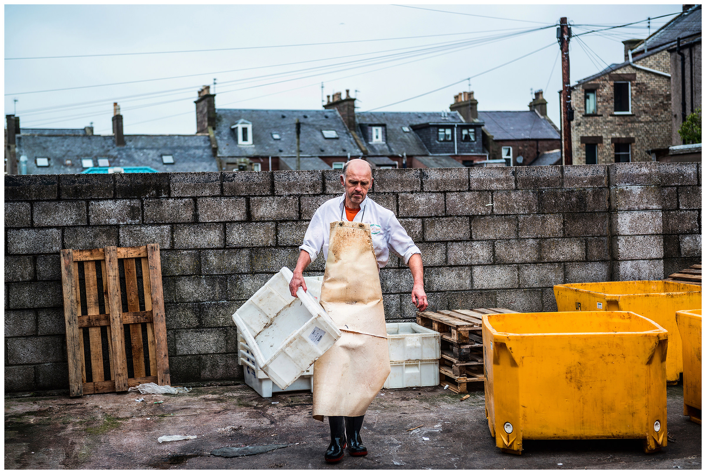 Scotland, Arbroath. A man carries a box in a fish smokehouse for haddock, trout and mackerel.