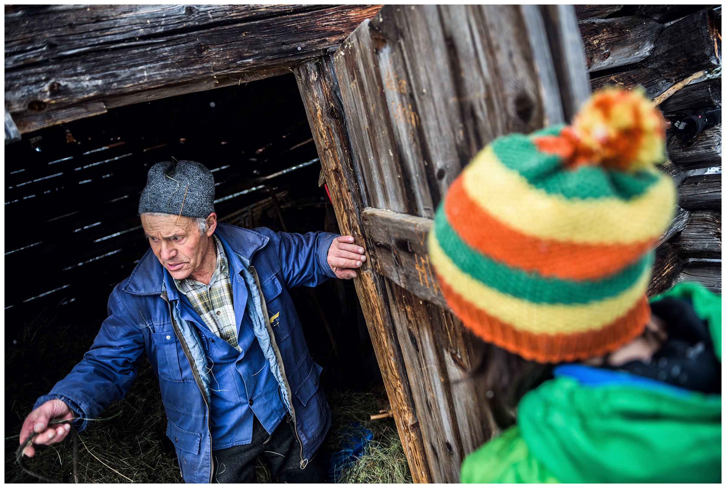 Valsertal, Wipptal, North Tyrol, Austria. A farmer comes out of the barn.
