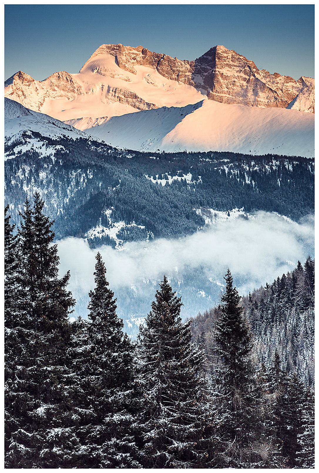 Muehlbach/ Matrei, Wipptal, North Tyrol, Austria. A view of the forest and the Nerge from the highest monastery in Central Europe, Maria Waldrast.