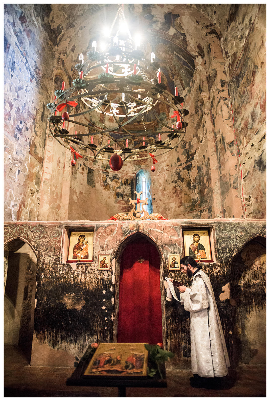 Georgia, Kakheti, Nekressi. A priest beds in the Nekressi monastery. The Necressi monastery complex consists of several churches and other monastic buildings. The oldest building of the monastery, the small basilica from the 4th century, is at the same time one of the oldest still existing churches in Georgia.