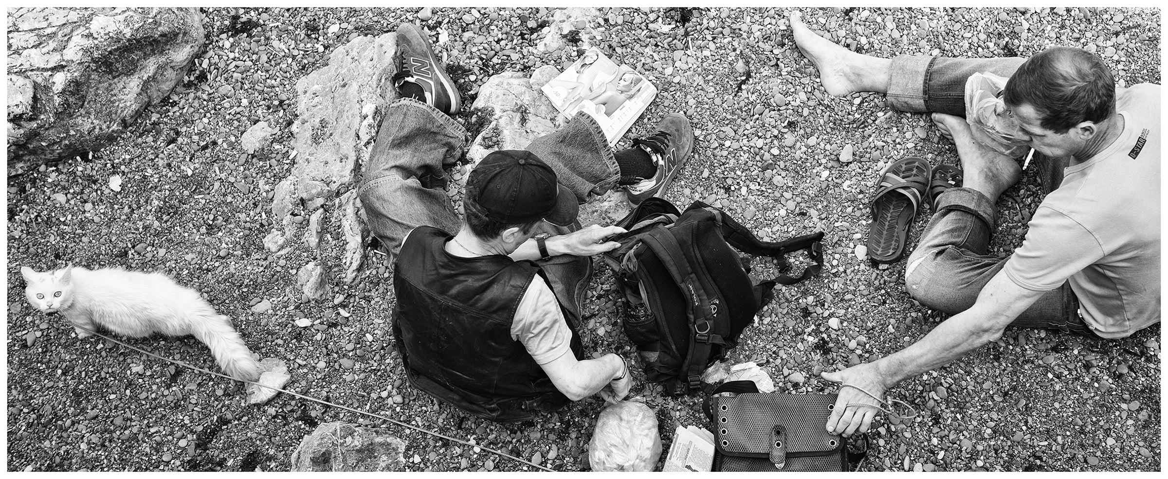 Yalta, the Crimea. Two men are sitting with a cat on the bank of Yalta.