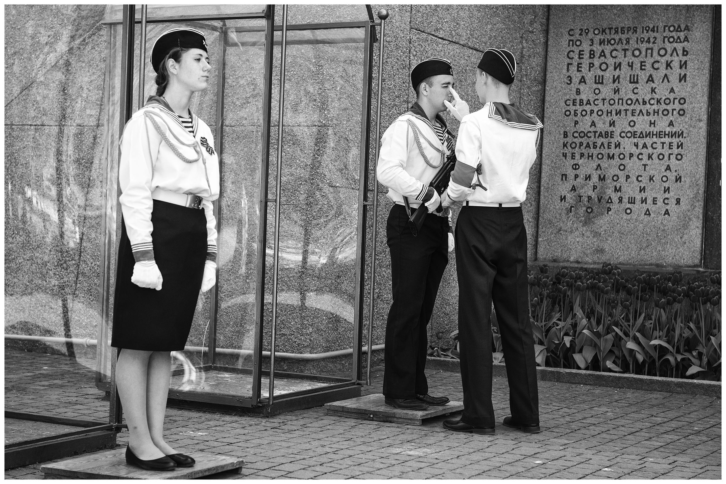 Sevastopol, the Crimea. Young people stand guard at a memorial in memory of the victims of fascism. There are preparations for the military parade on the occasion of the victory over Nazi Germany on May 9.