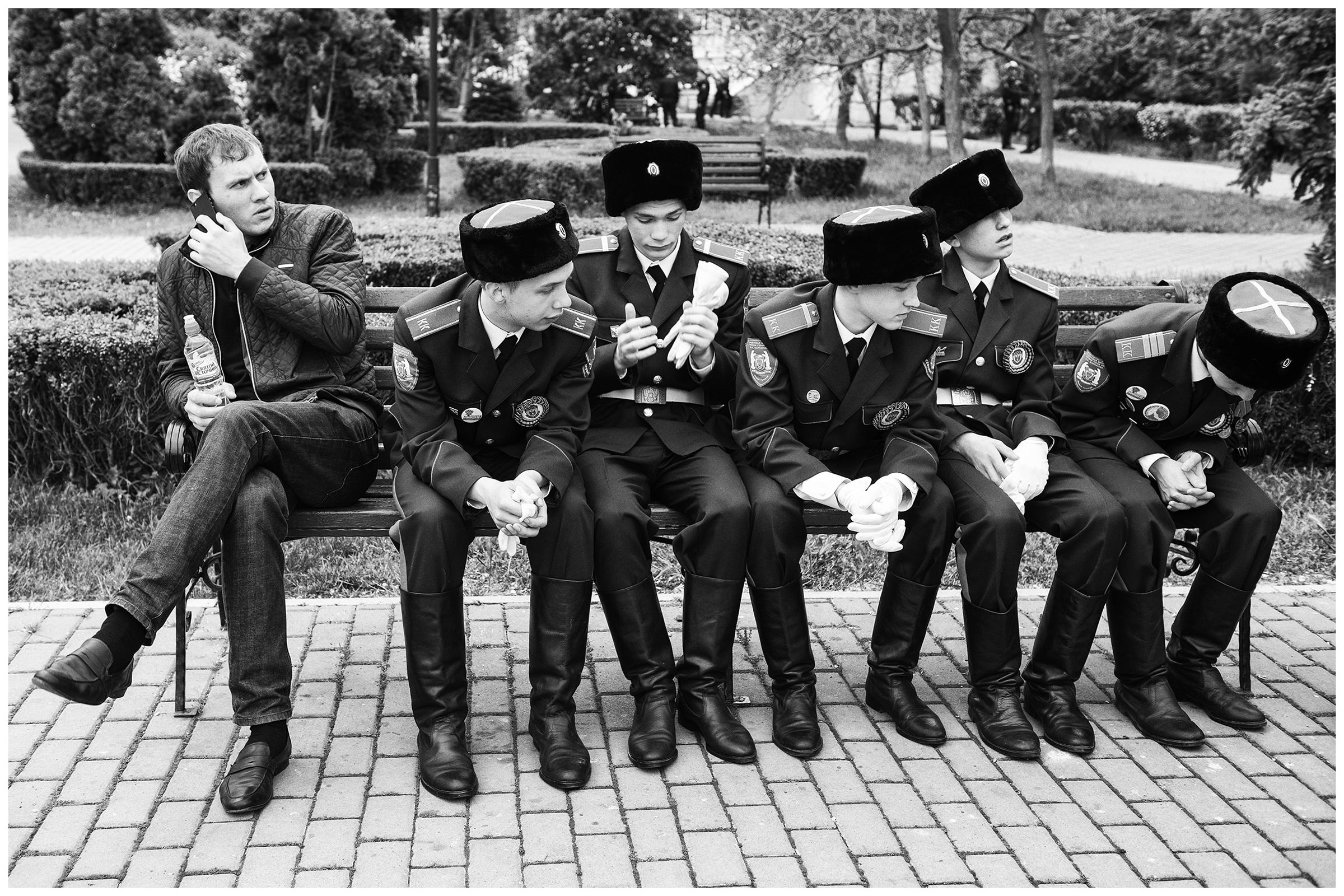 Sevastopol, the Crimea. Cadets of a Russian Cossack military school are waiting for the beginning of the military parade. The military parade will take place on the occasion of the victory over Nazi Germany on May 9.