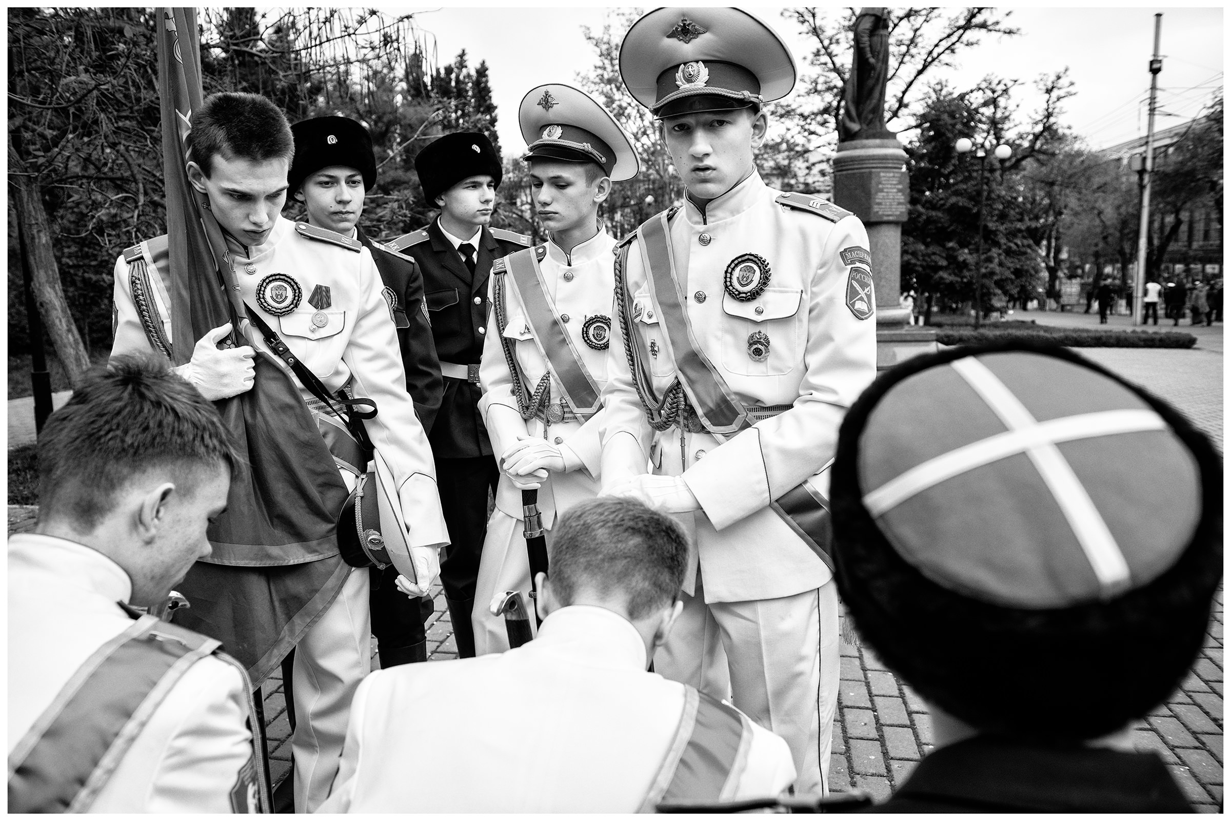 Sevastopol, the Crimea. Cadets of a Russian Cossack military school are waiting for the beginning of the military parade. The military parade will take place on the occasion of the victory over Nazi Germany on May 9.
