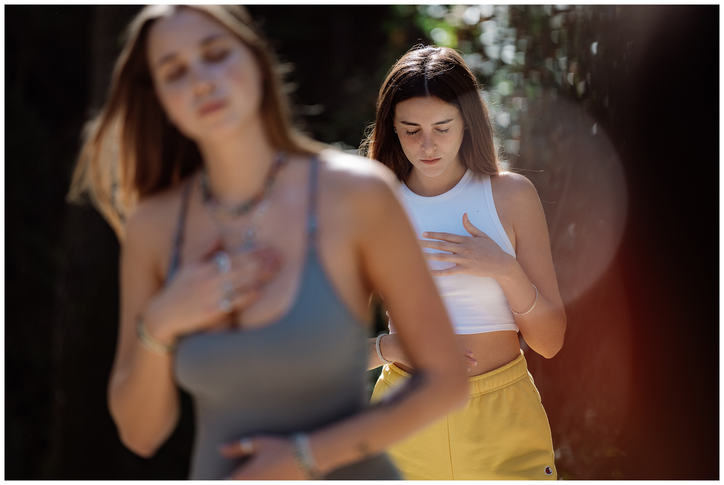 Miliou, Cyprus. Two young Israelis dance in a forest during dance therapy.