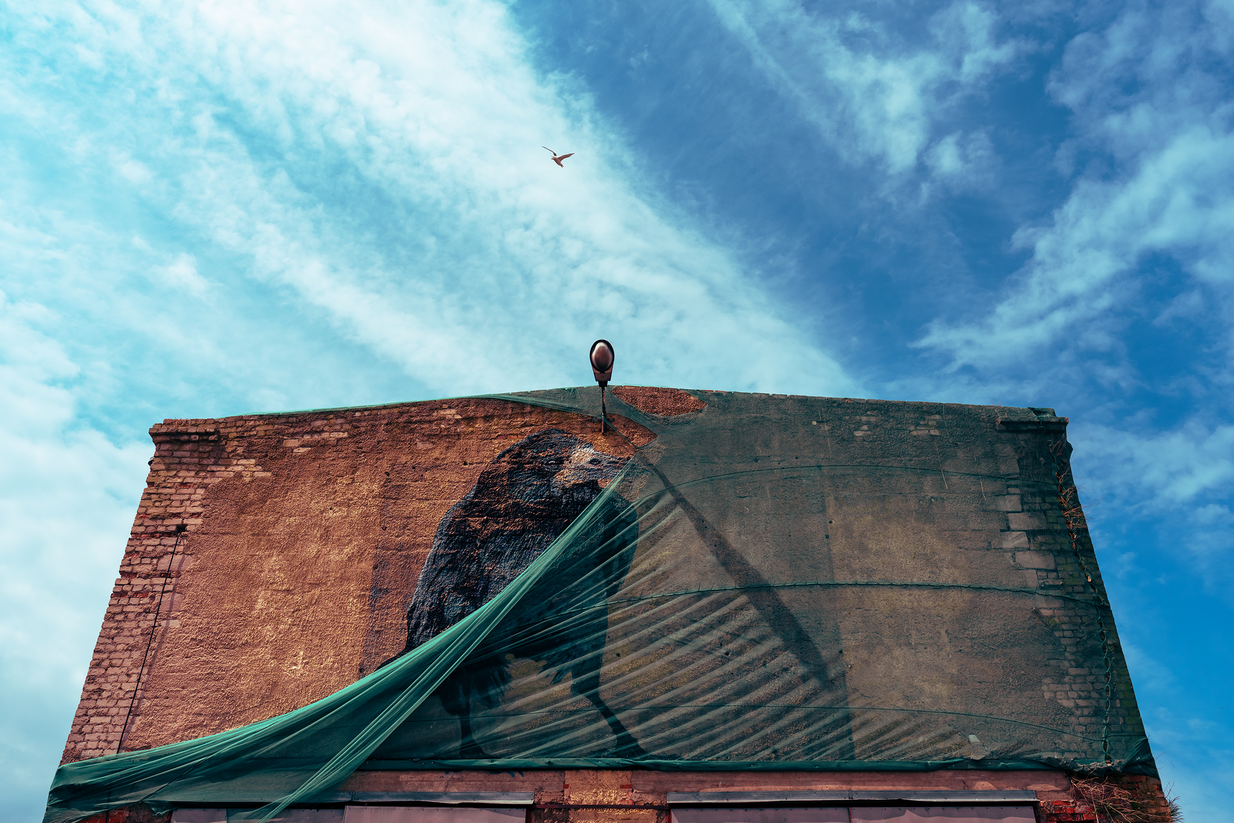 A bird flies above a building in Latvia featuring a large raven mural partially covered by green mesh netting under a bright blue sky.