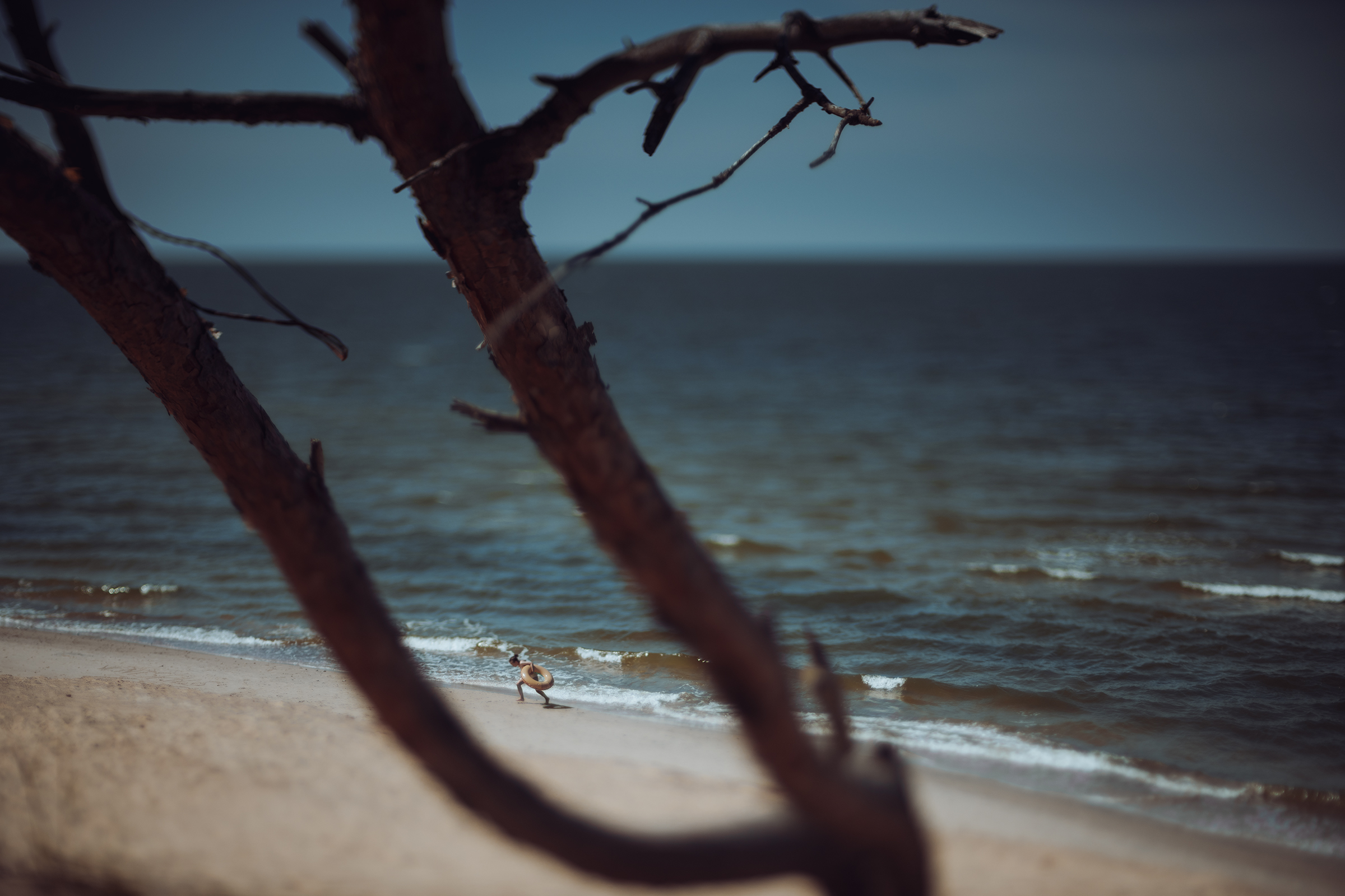 A child carrying a swim ring walks along a sandy beach in Latvia, framed by bare tree branches in the foreground.