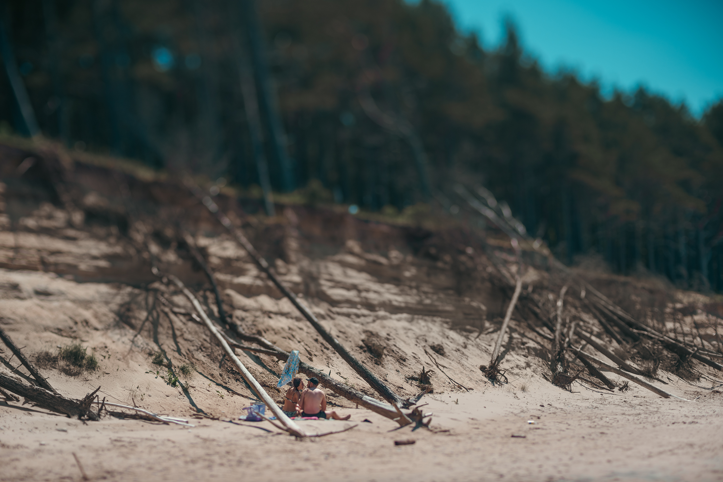 A couple relaxes on a sandy beach in Latvia at the base of a heavily eroded sandy cliff littered with fallen tree trunks.