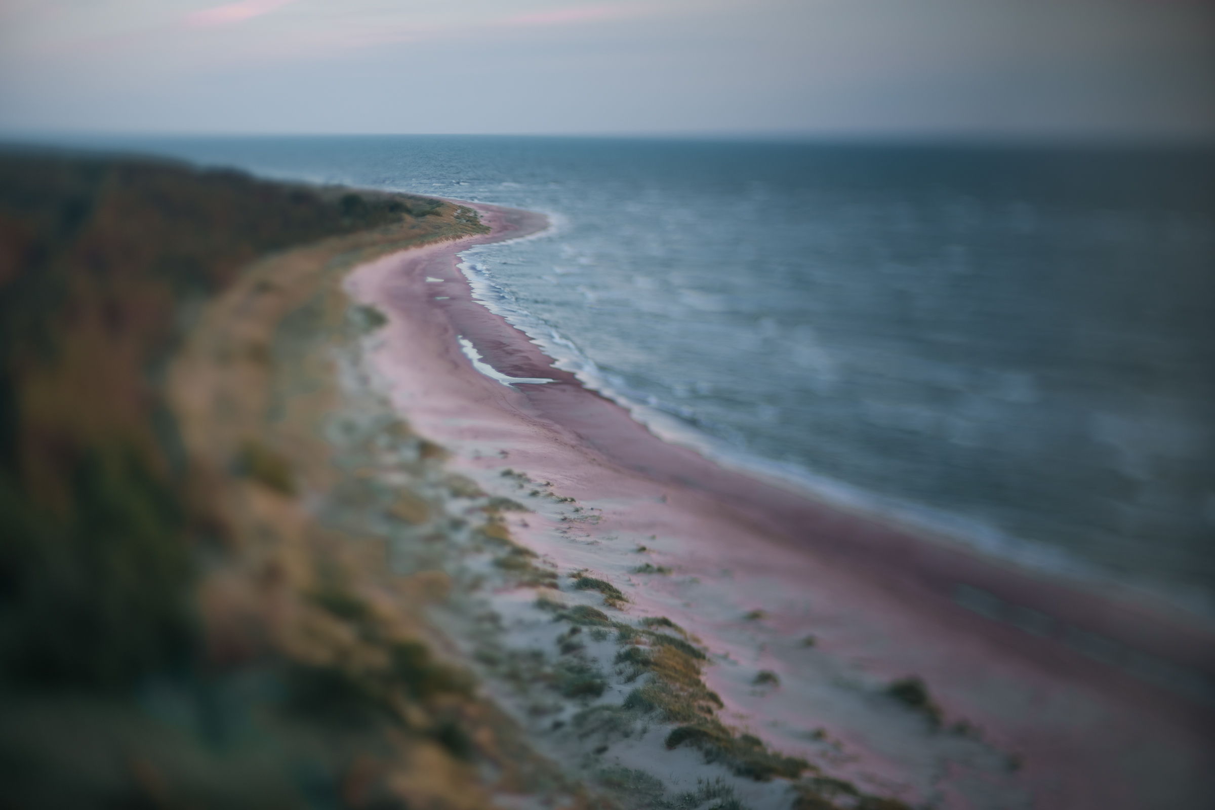 An aerial tilt-shift view of a curving sandy shoreline and dunes along the coast of Latvia.